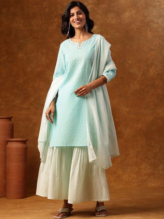Dhiyona AN Floral Embroidered Notch Neck Thread Work Straight Kurta & Sharara With Dupatta
