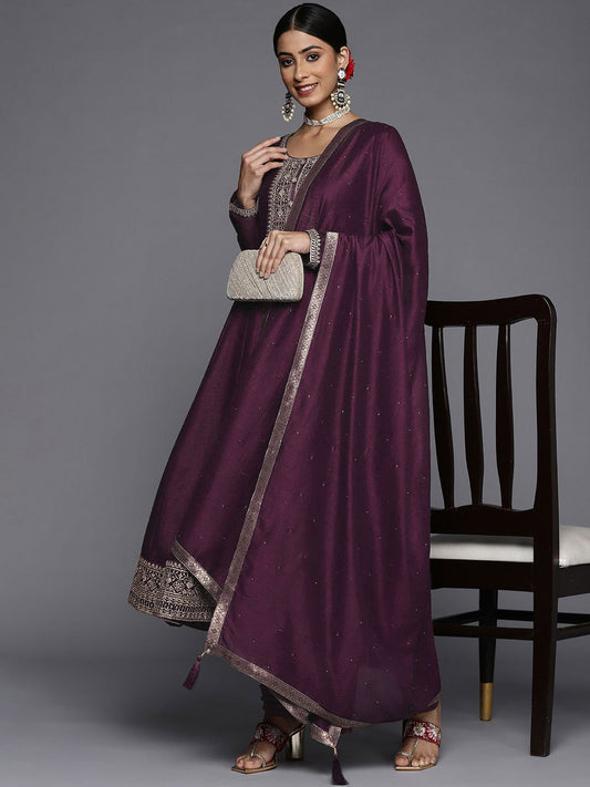 Womens Purple Yoke Design Anarkali Kurta With Churidar & Dupatta