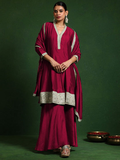 Dhiyona VA Woven Design Layered V-Neck Zari Kurta With Sharara & Dupatta
