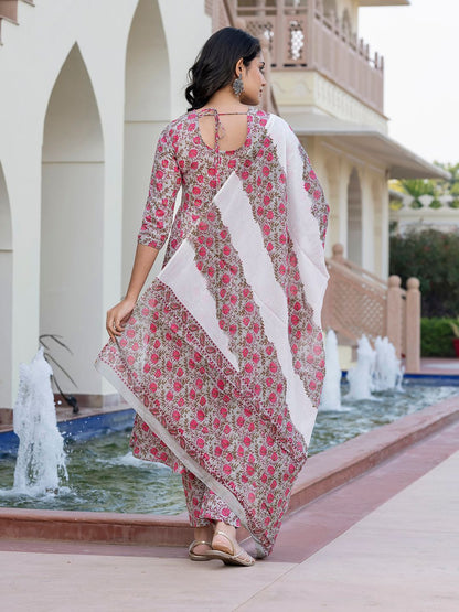 Dhiyona KL Women Floral Printed Regular Pure Cotton Kurta with Trousers & With Dupatta