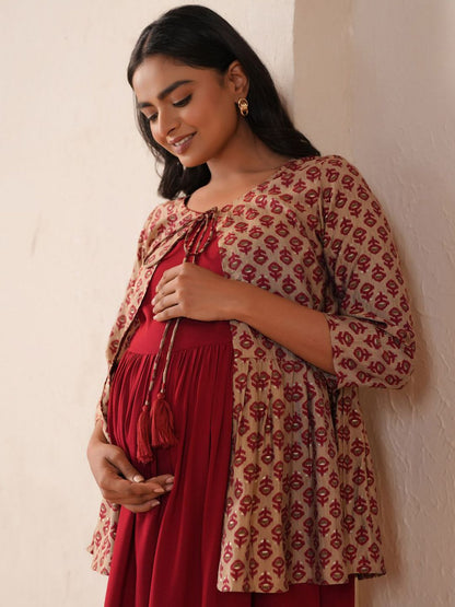 Dhiyona AY Women's Printed Fit & Flared Maternity Ethnic Dresses With Jacket