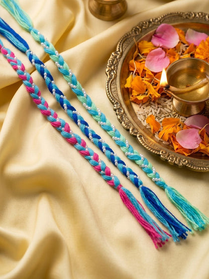 Dhiyona Set Of 3 Multicolor Thread Rakhi With Roli Chawal Chandan Mishri