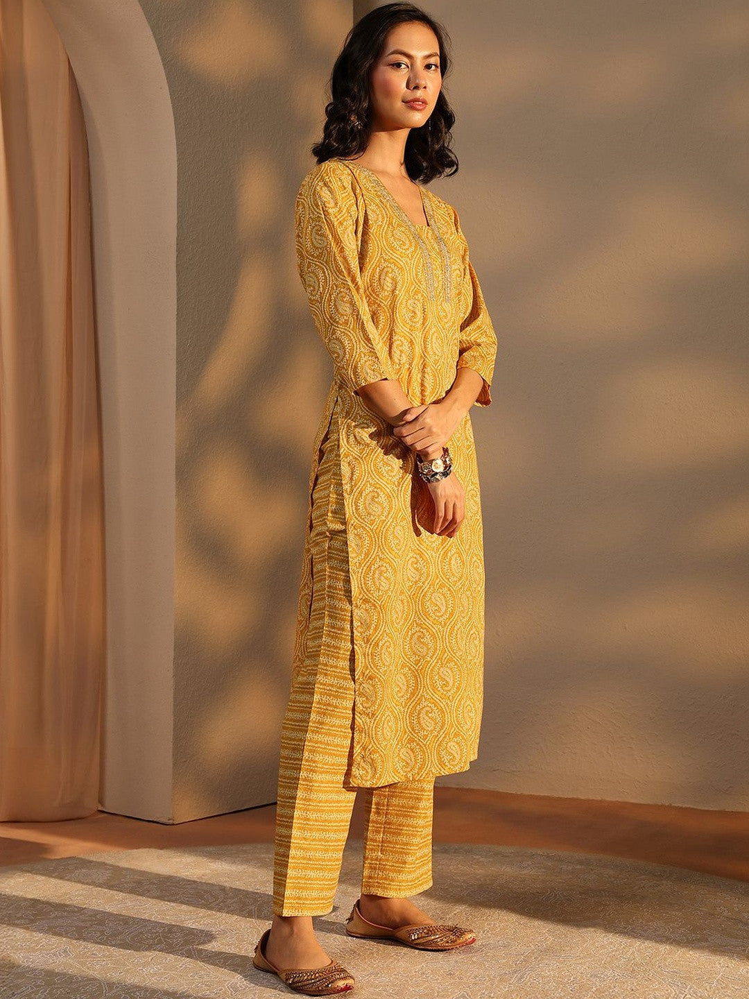 Yellow Paisley Printed Cotton Straight Suit Set With Dupatta