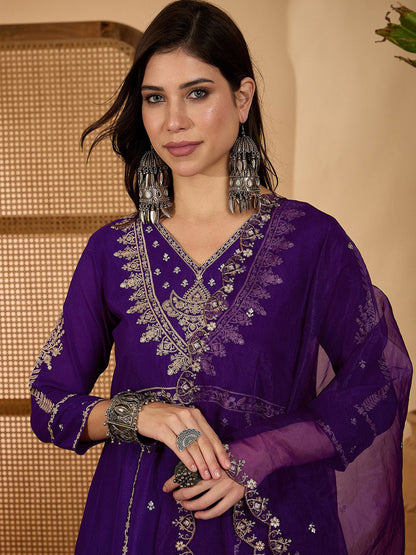 Women Zari Sequence Embroidered A-Line Kurta & Trousers With Dupatta