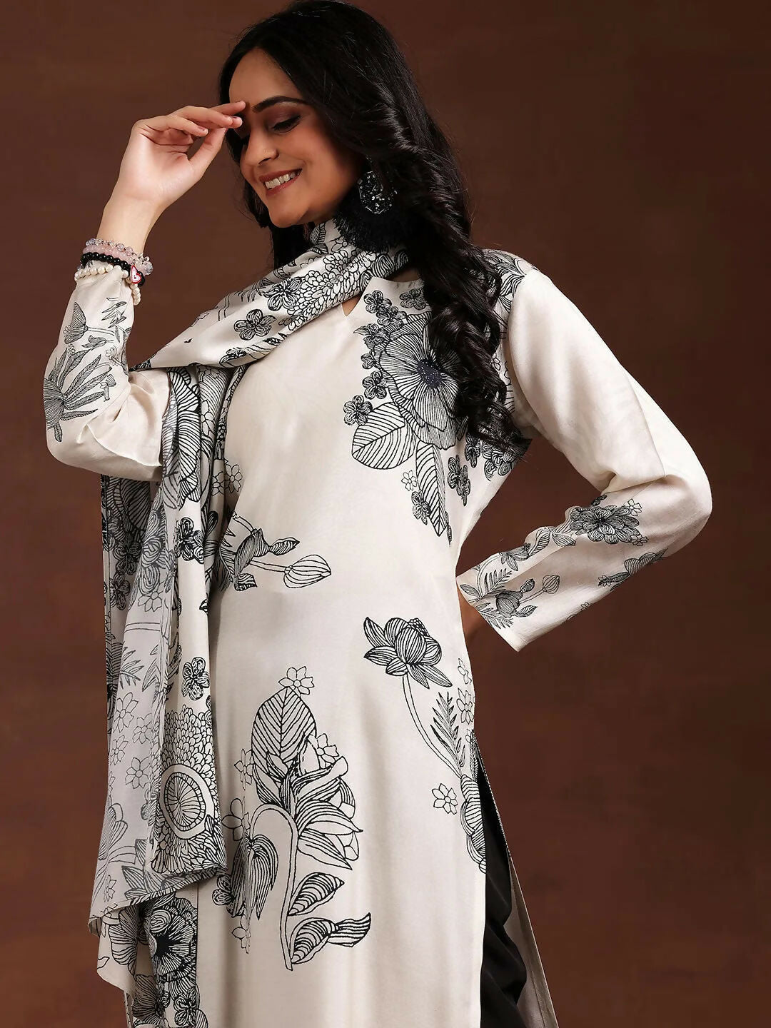 Women's LB Monochrome Printed Silk Blend Straight Suit With Dupatta