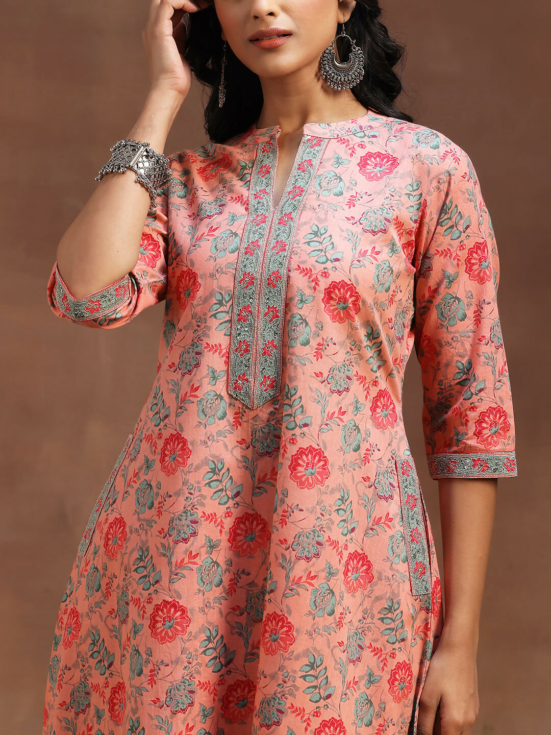 Women's LB Peach Printed Cotton A-line Kurta With Trousers & Dupatta