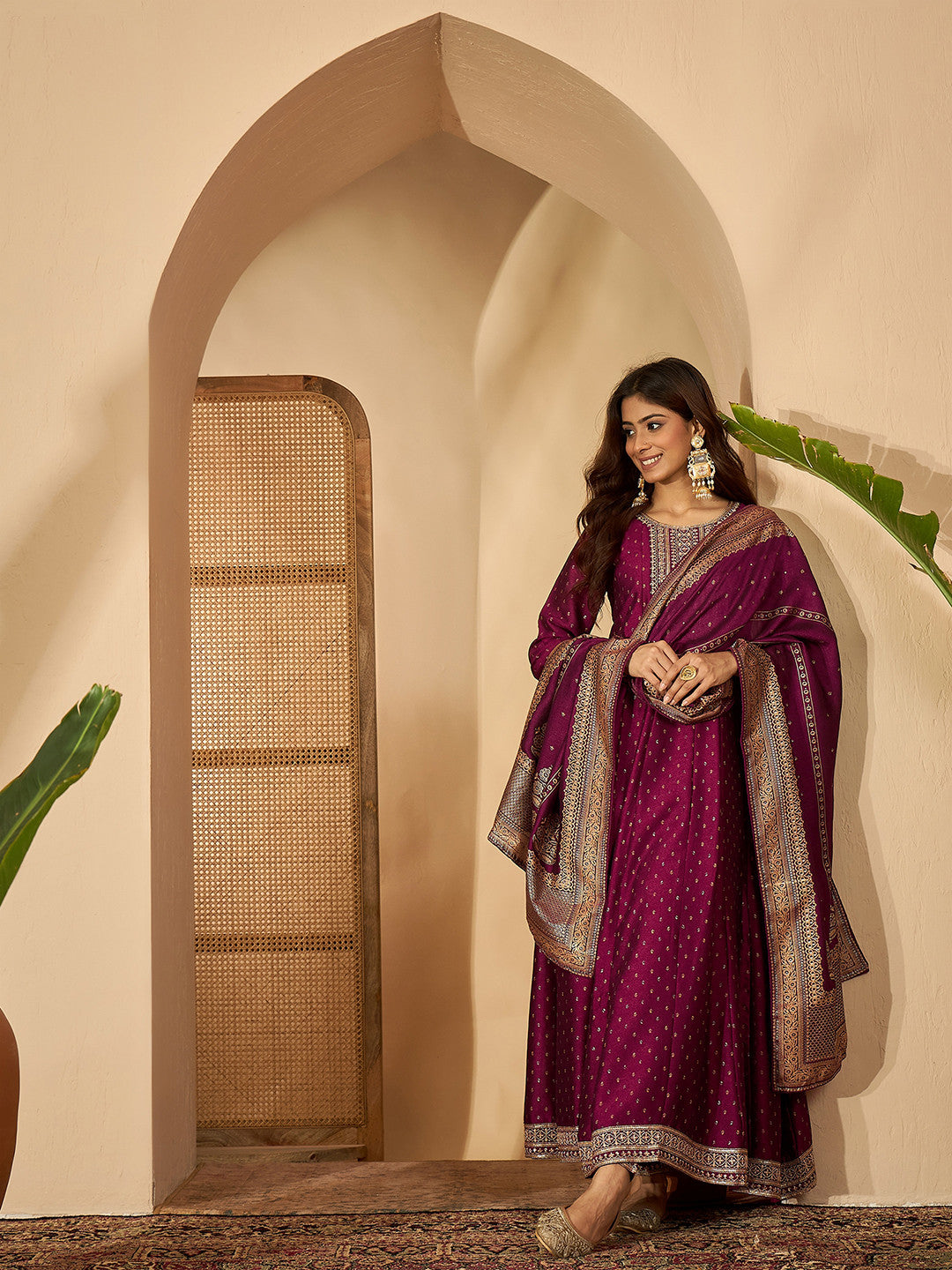 Foil Printed Embroidered Kurta With Trouser & Dupatta