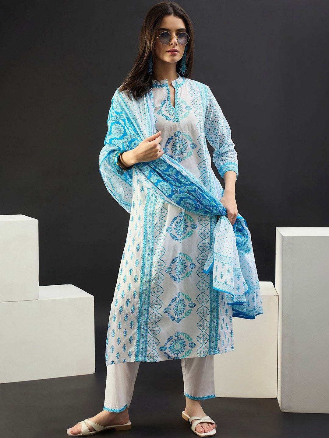 Women Ethnic Motifs Printed Regular Pure Cotton Kurta with Trousers & With Dupatta