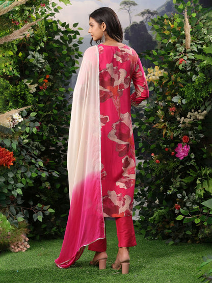 Dhiyona RR Women's Floral Printed Cotton Silk Mirror Work Kurta With Trousers & Dupatta