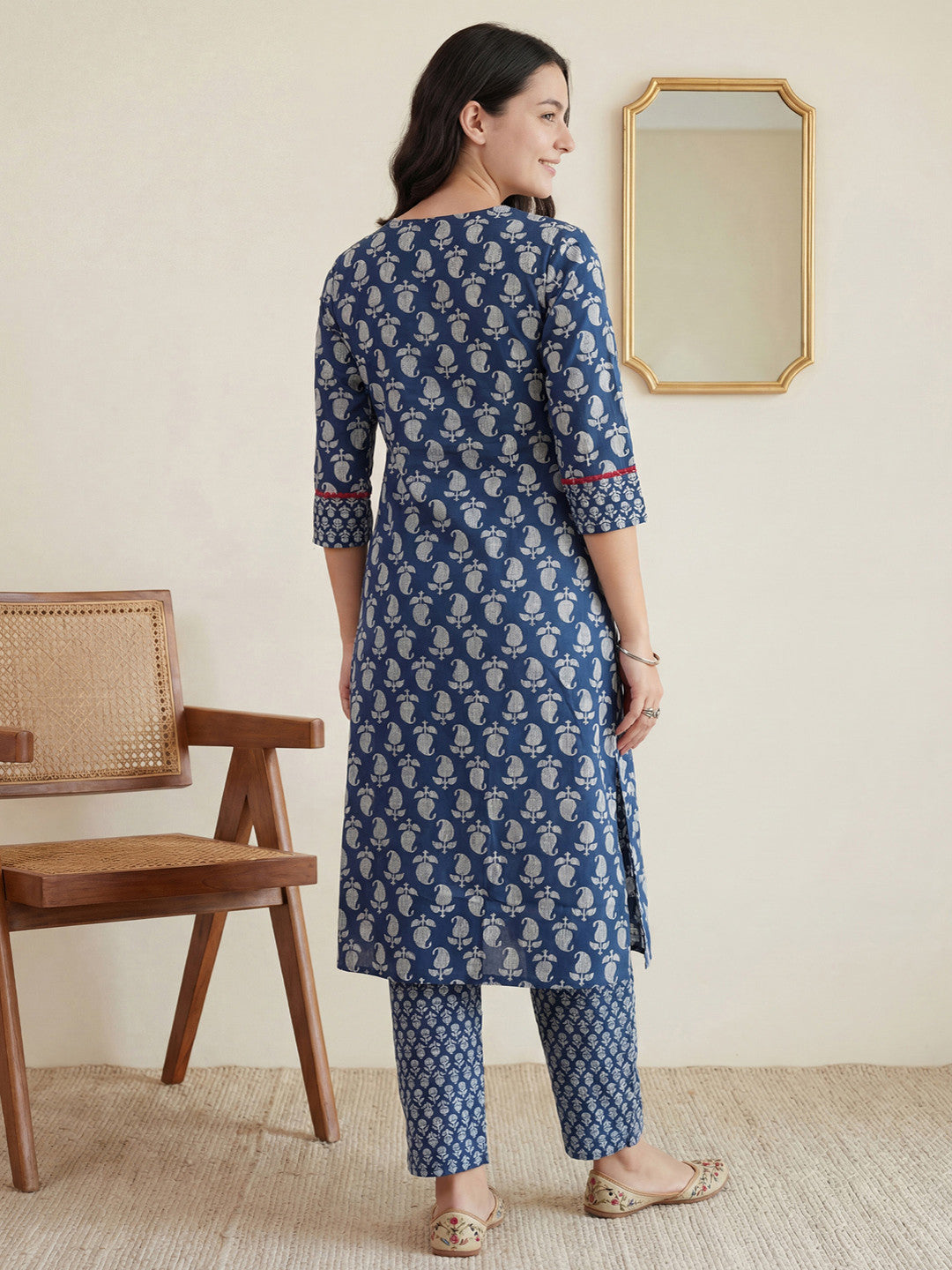 Women Paisley Printed Panelled Mirror Work Pure Cotton Kurta with Trousers