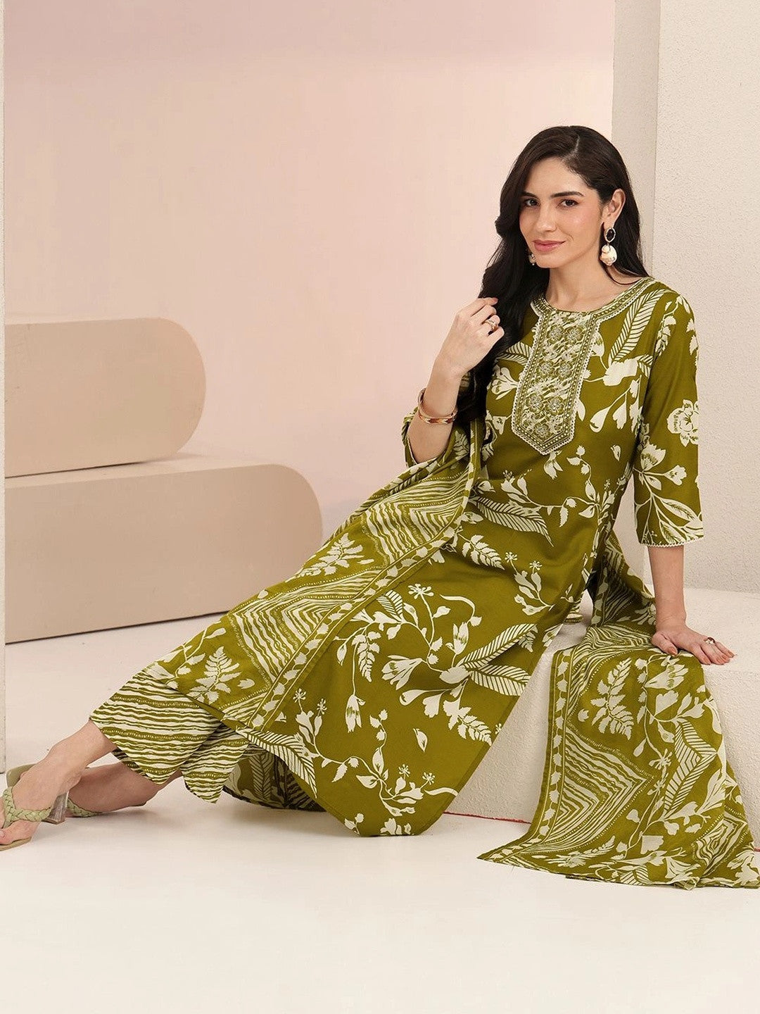 Olive Green Floral Printed Cotton Blend Straight Suit Set