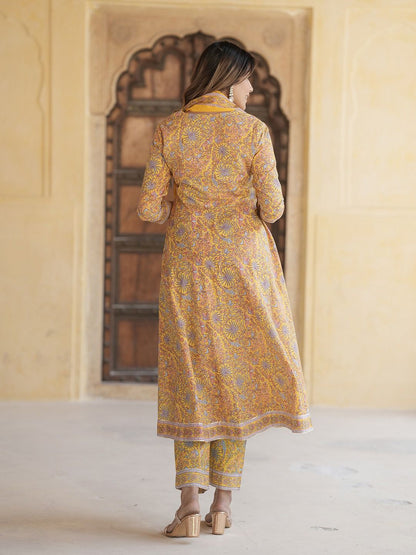 Dhiyona KL Floral Printed Gotta Patti Pure Cotton Anarkali Kurta with Trousers & Dupatta