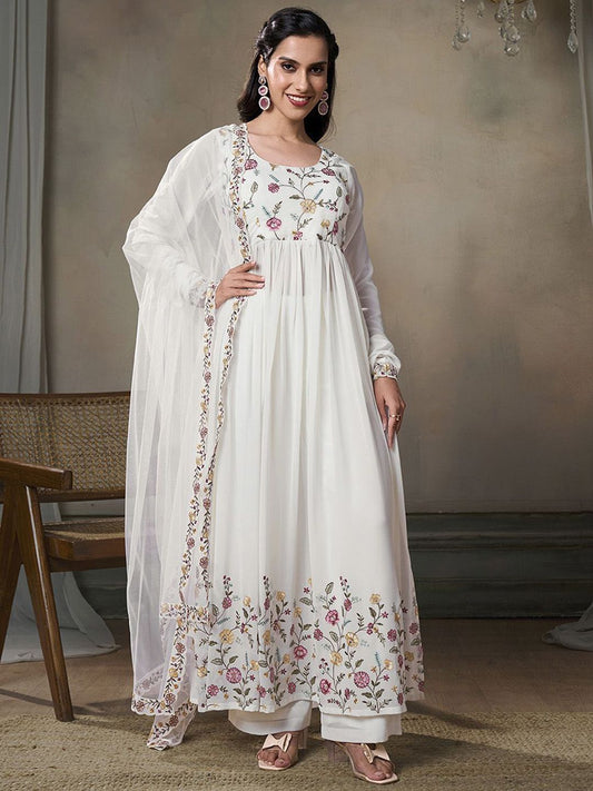 Dhiyona IN Floral Embroidered Thread Work Georgette A-Line Kurta With Palazzos And Dupatta