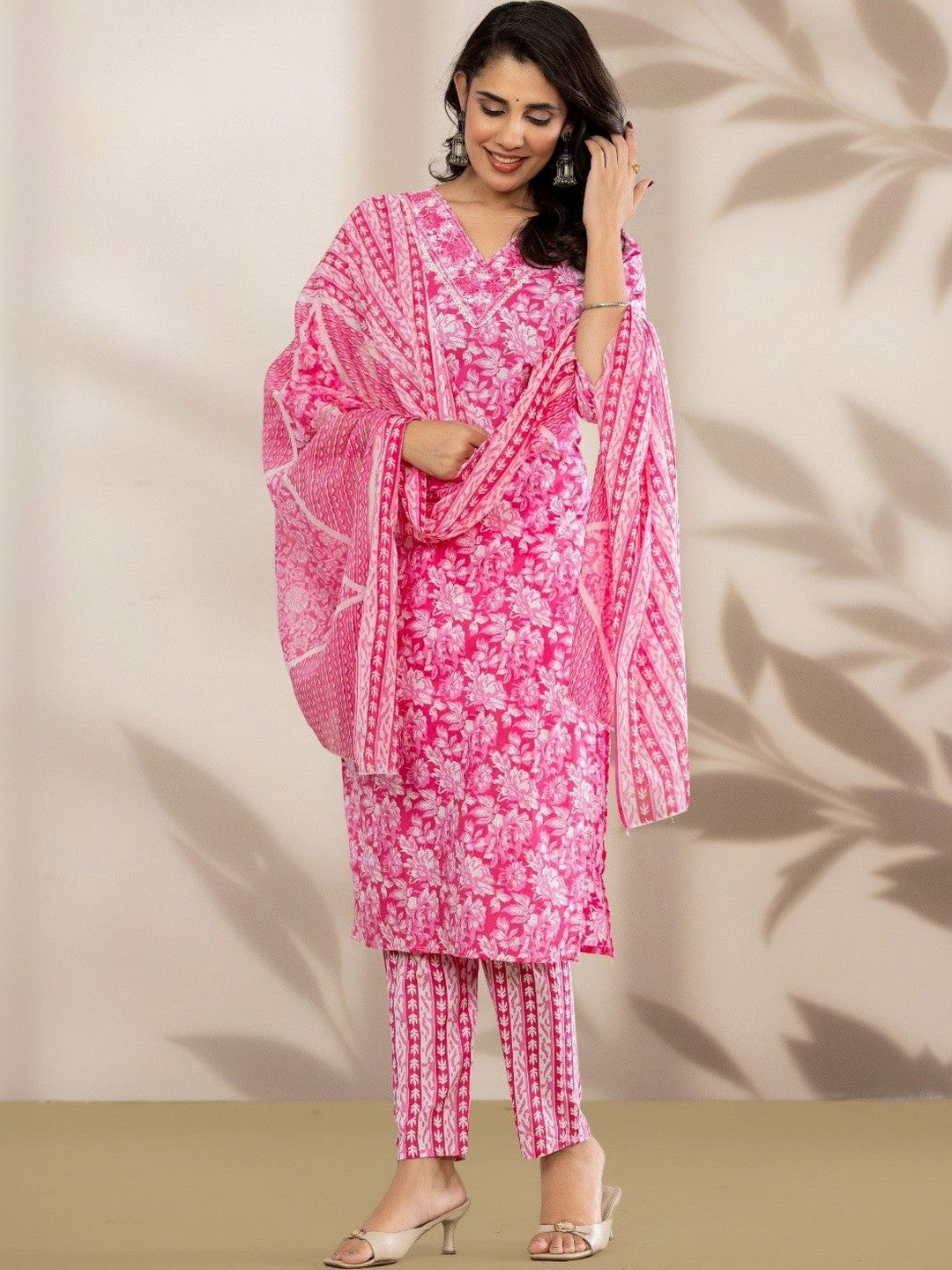 Women Floral Printed Regular Thread Work Pure Cotton Kurta with Trousers & Dupatta