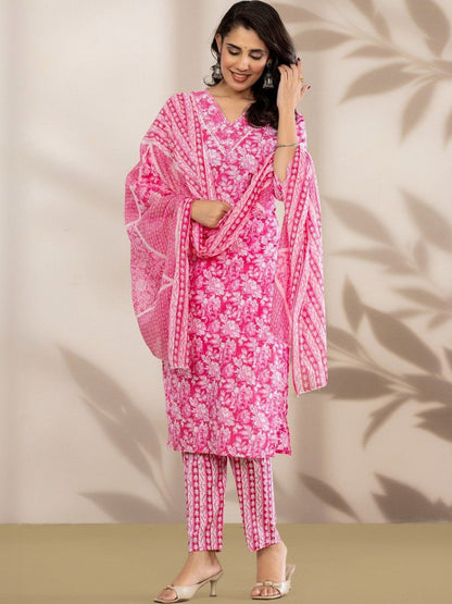 Women Floral Printed Regular Thread Work Pure Cotton Kurta with Trousers & Dupatta