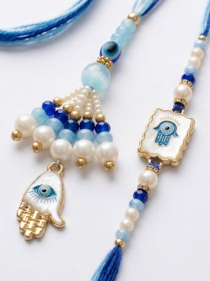 Dhiyona Set Of 2 Evil Eye Hand Design Bhaiya Bhabhi Rakhi With Roli Chawal Chandan Mishri