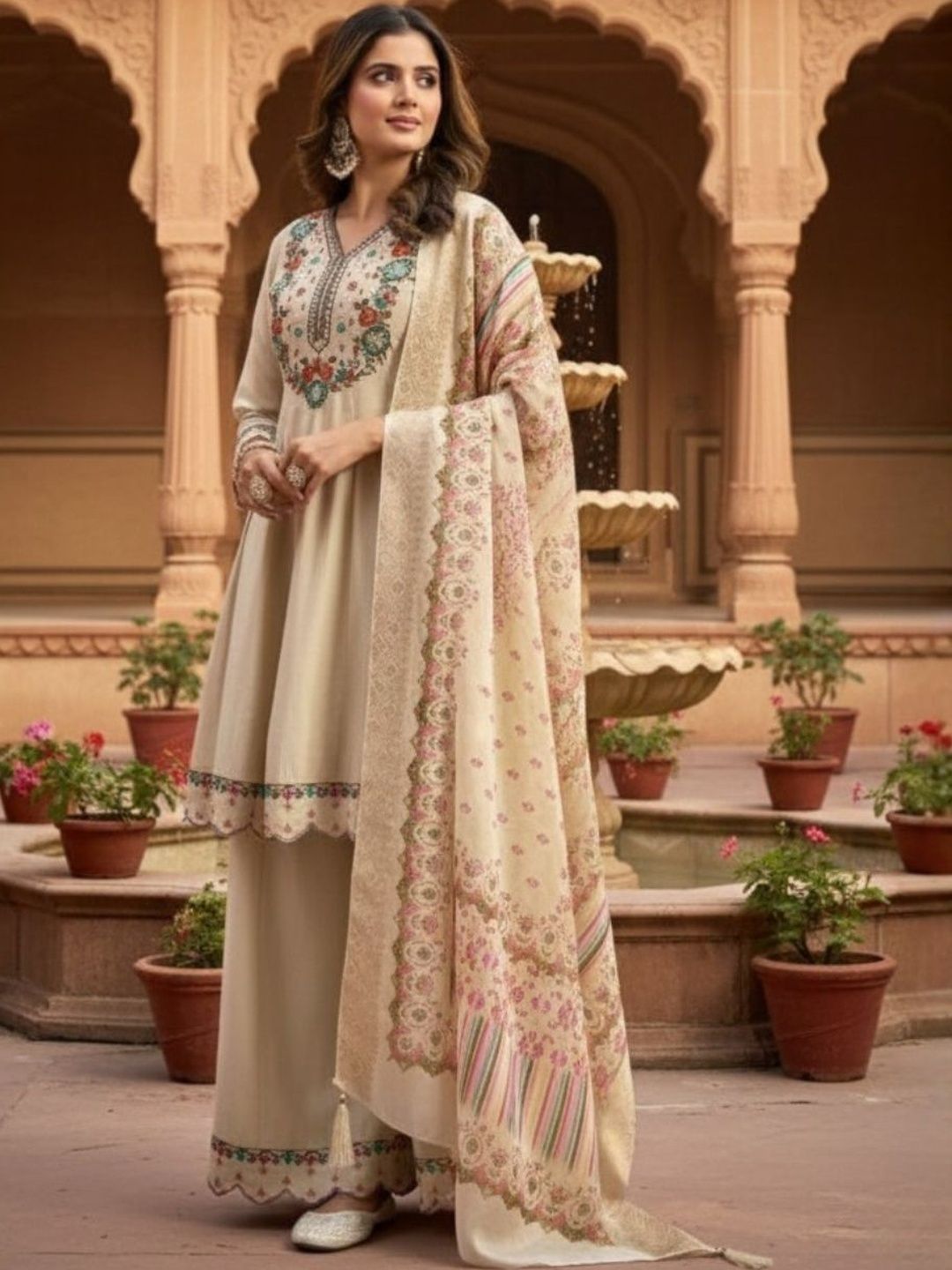 Dhiyona KL Women Ethnic Motifs Embroidered Panelled Thread Work Pure Silk Kurta with Sharara & With Dupatta