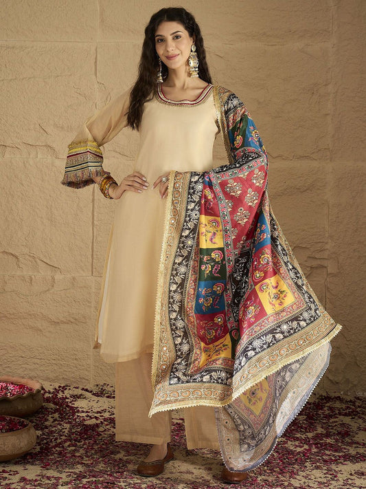 Dhiyona VA Yoke Design Round Neck Straight Kurta With Palazzos And Dupatta