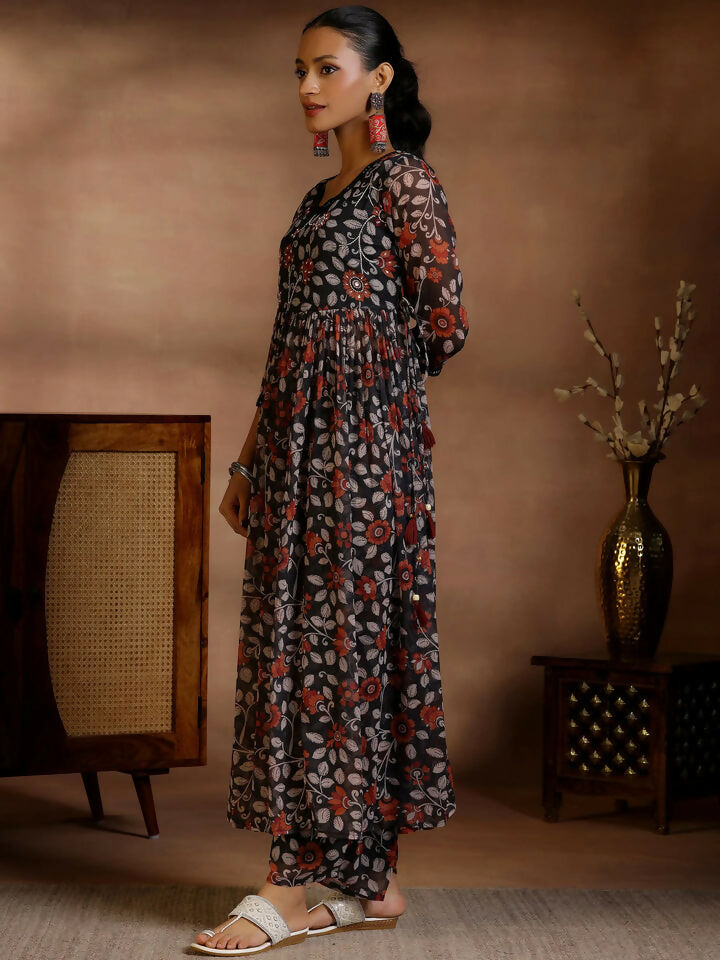 Women's LB Black Printed Poly Chiffon A-Line Kurta With Palazzos & Dupatta