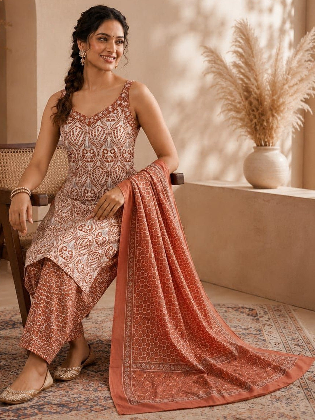 Women Ethnic Motifs Printed Regular Pure Cotton Kurta with Trousers & With Dupatta