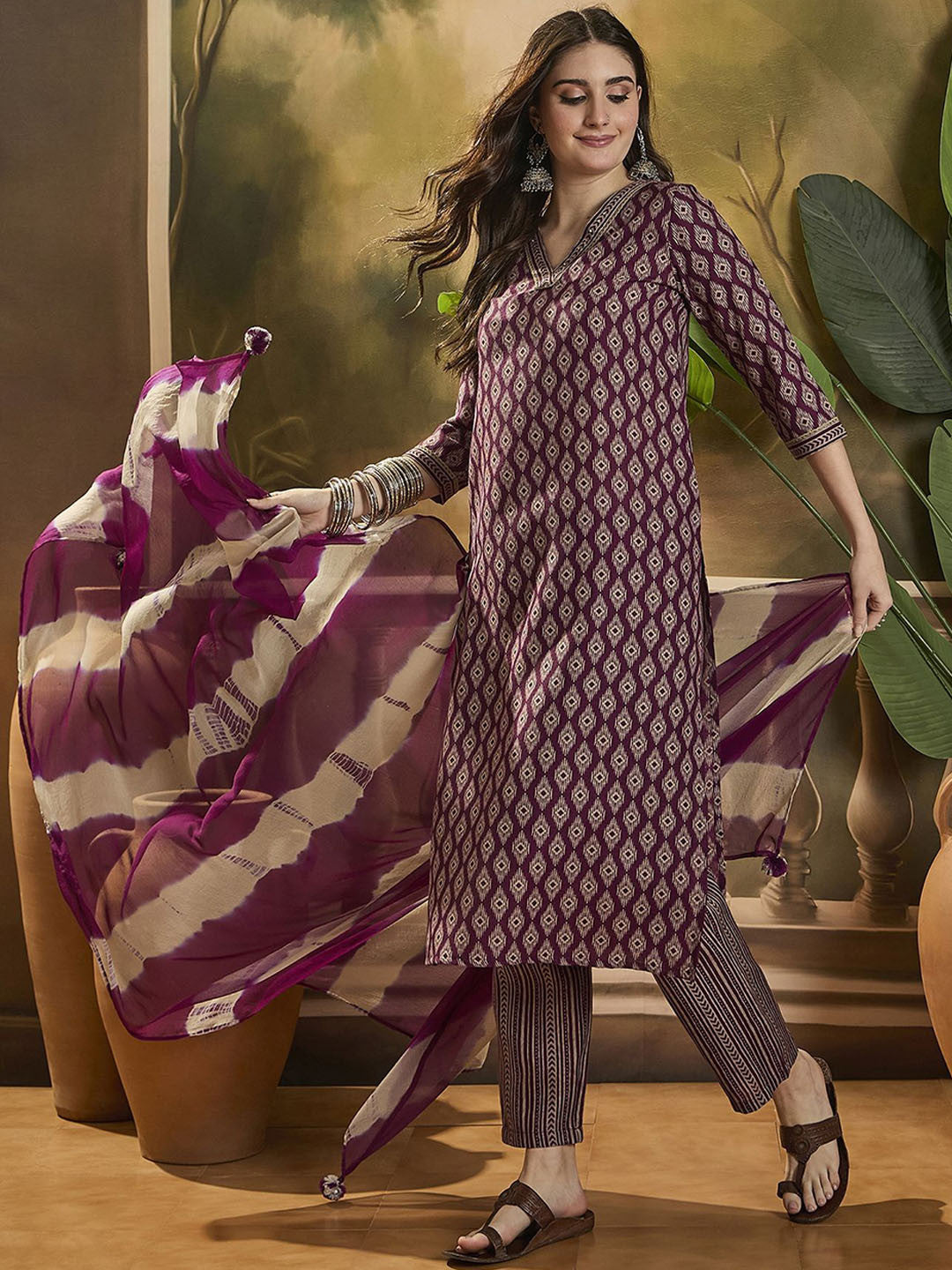 Printed V Neck Straight Kurta Set With Dupatta