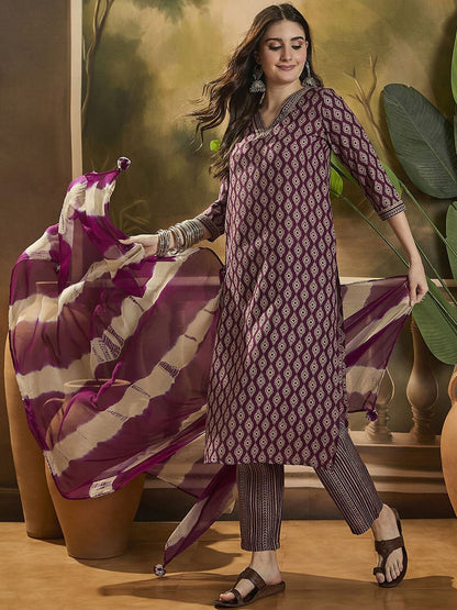 Printed V Neck Straight Kurta Set With Dupatta