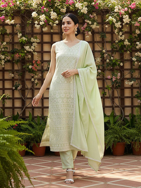 Dhiyona KL Women Ethnic Motifs Embroidered Regular Thread Work Kurta with Trousers & With Dupatta