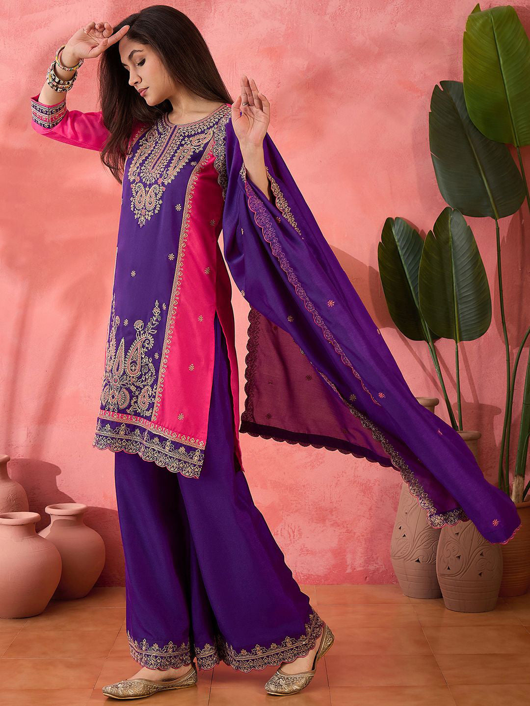 Women Zari Sequence Embroidered Straight Kurta & Trousers With Dupatta