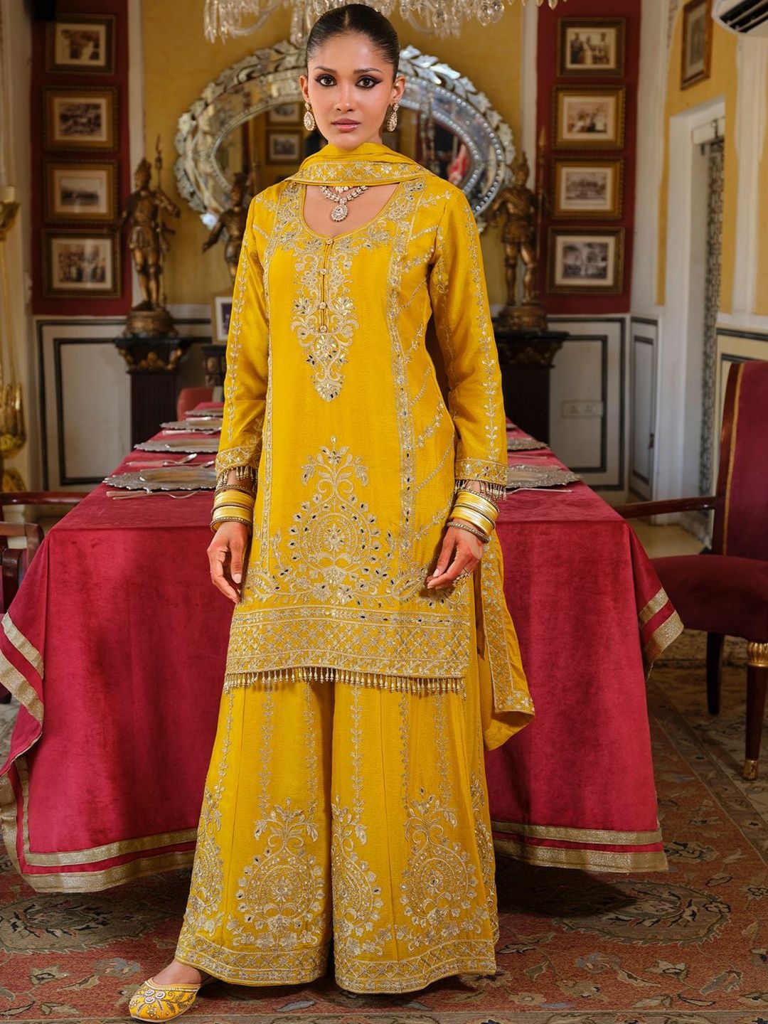 Dhiyona IE Ethnic Motifs Embroidered Straight Mirror Work Kurta With Palazzos & Dupatta