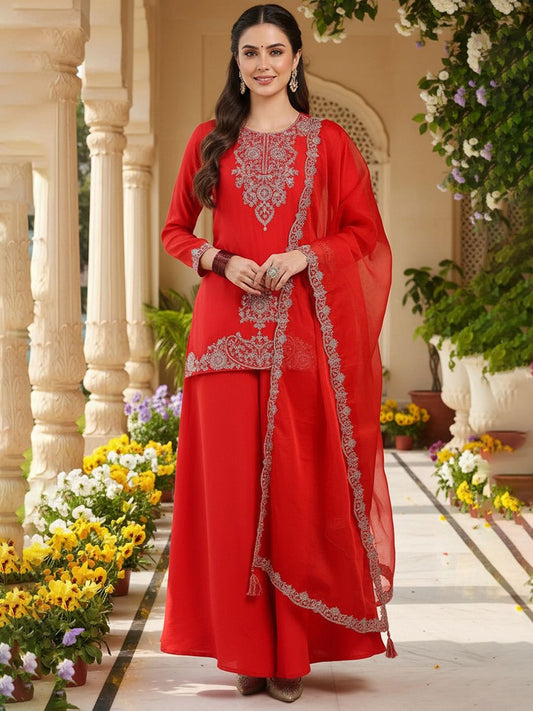 Dhiyona KL Ethnic Motifs Embroidered Kurti With Palazzos & Dupatta