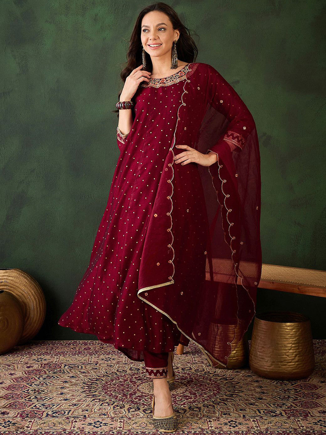 Geometric Printed Zari & Sequinned A-Line Kurta & Palazzo With Dupatta