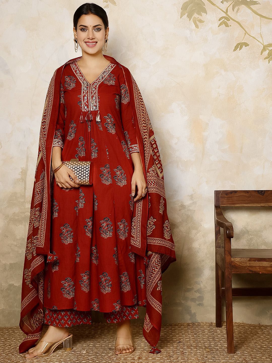 Dhiyona SN Women's Ethnic Motifs Printed Pure Cotton Anarkali Kurta with Palazzo & Dupatta