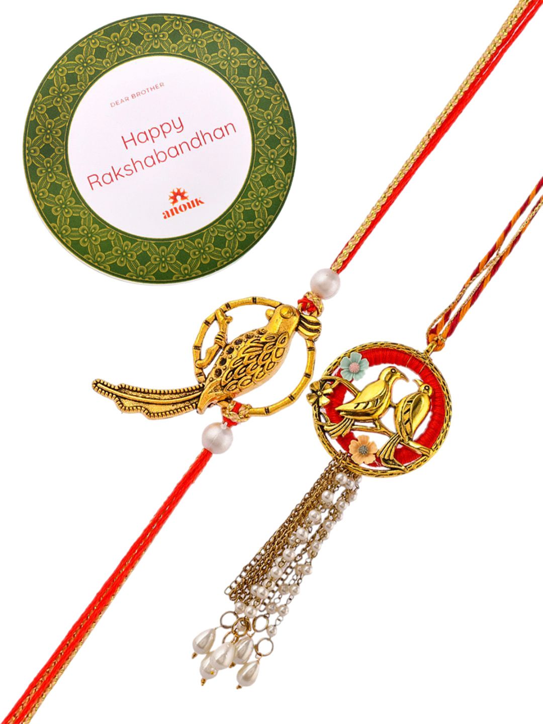 Dhiyona Gol-Toned Beaded Bhaiya Bhabhi Rakhi With Roli Chawal & Greeting Card