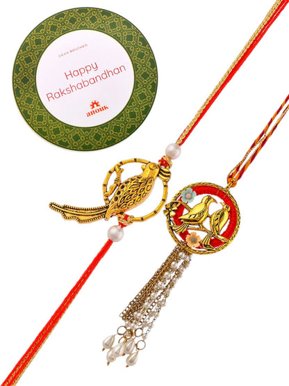 Dhiyona Gol-Toned Beaded Bhaiya Bhabhi Rakhi With Roli Chawal & Greeting Card
