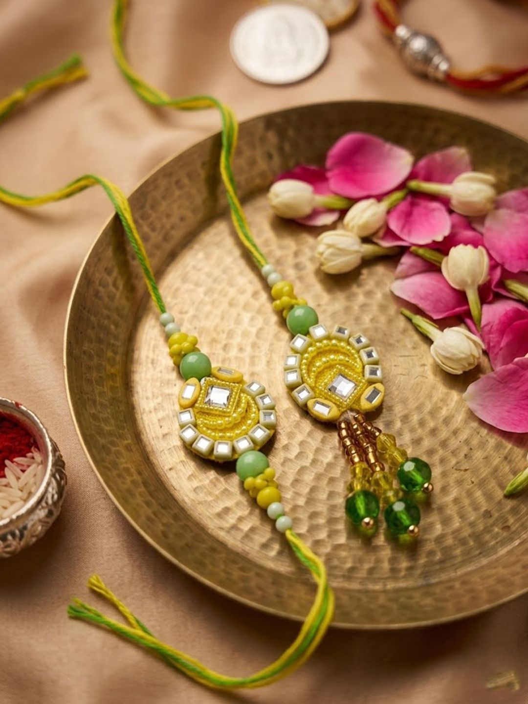 Dhiyona Set Of 2 Artificial Beads Mirror Work Bhaiya Bhabhi Rakhi With Roli Chawal Chandan