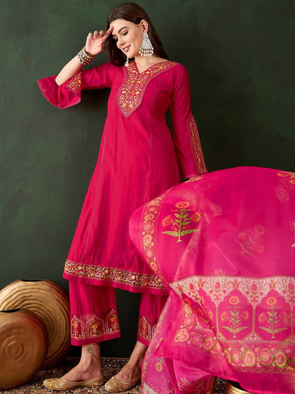 Floral Embroidered Thread Work Kurta with Trousers & Dupatta