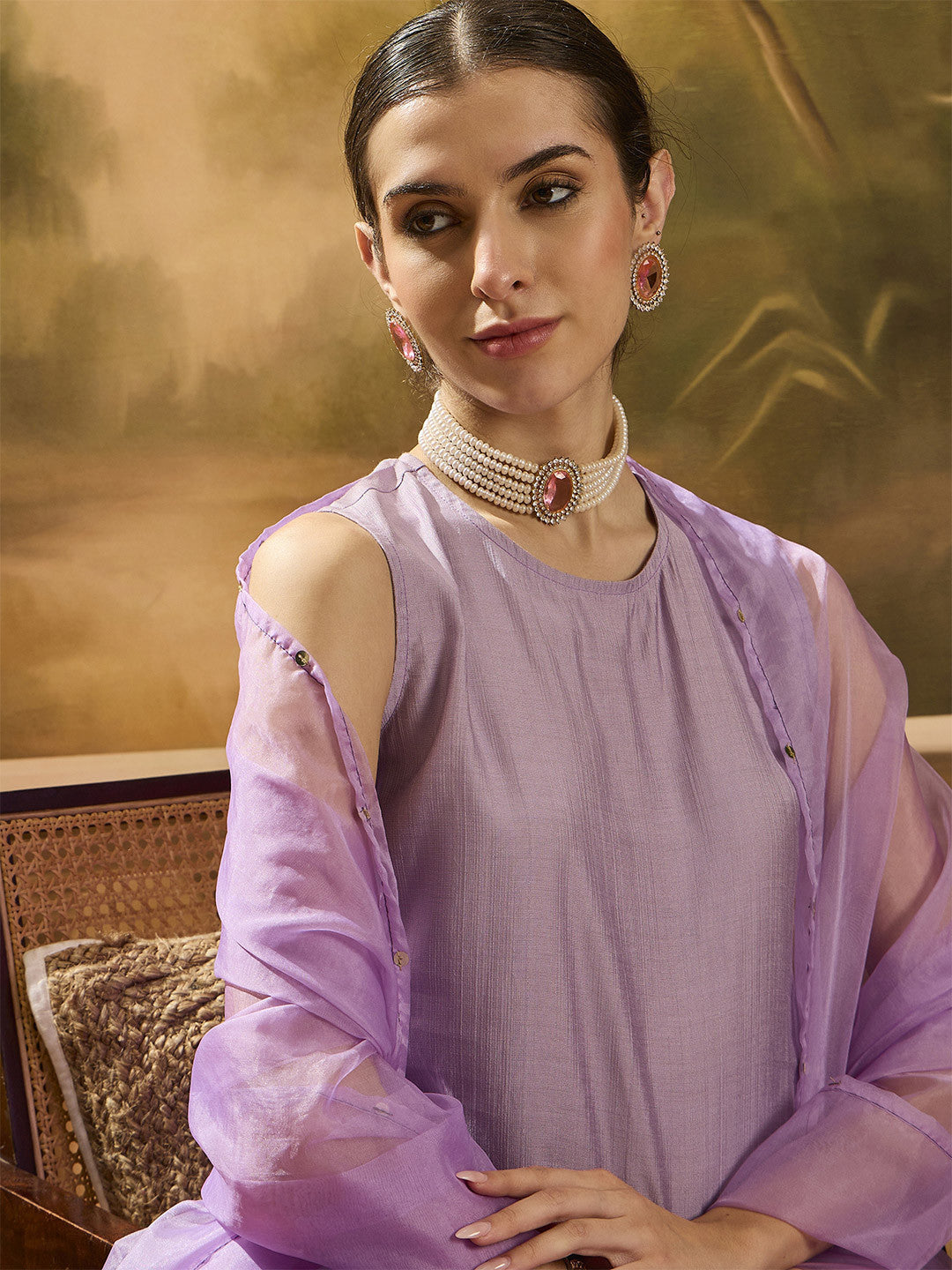 Sleeveless Kurta With Trousers & Dupatta Set