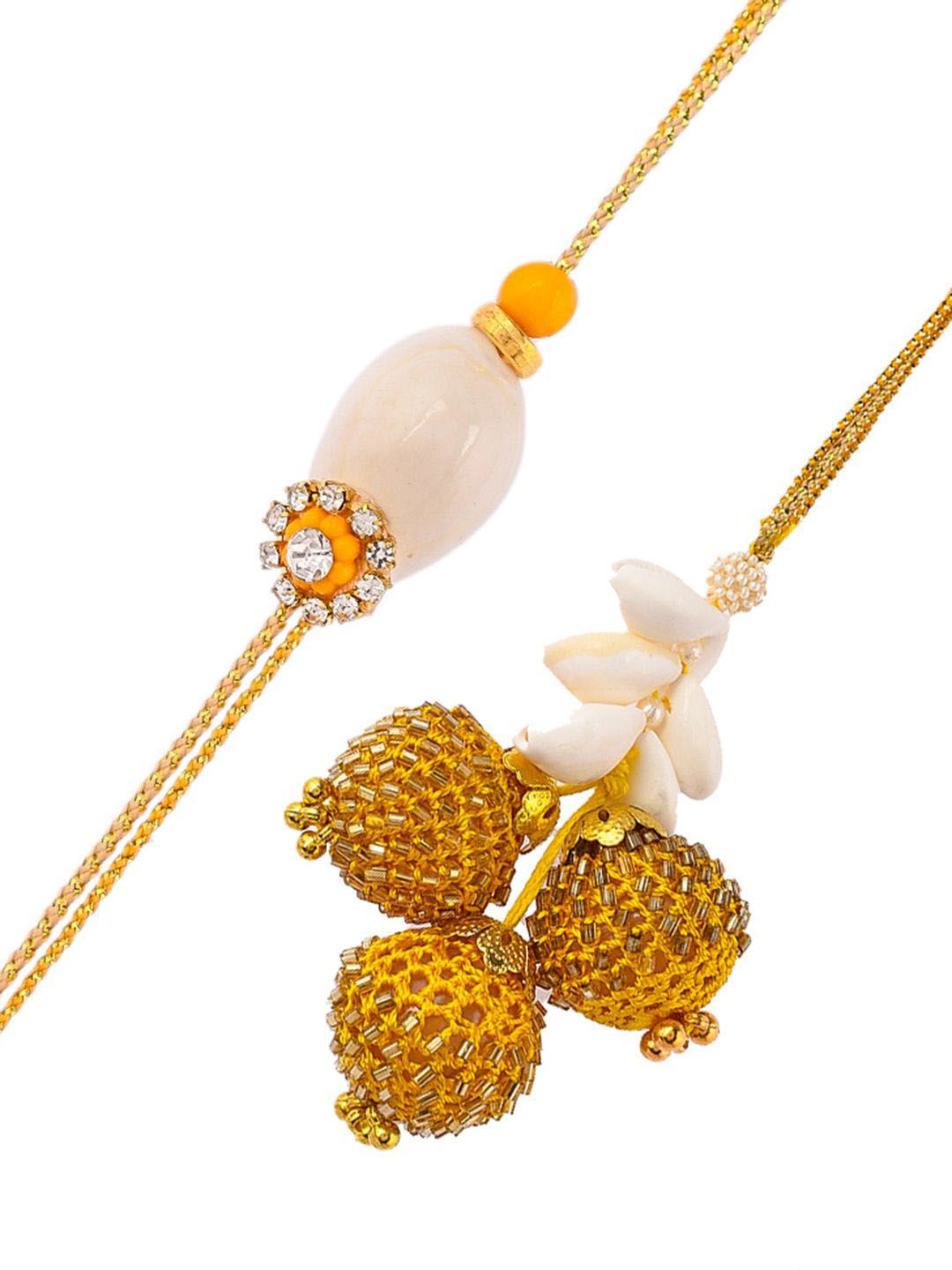 Dhiyona Gold Toned Beaded Bhaiya Bhabhi Thread Rakhis With Roli, Chawal & Greeting Card