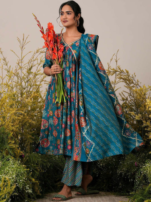 Women's LB Blue Printed Silk Blend A-Line Kurta With Palazzos & Dupatta