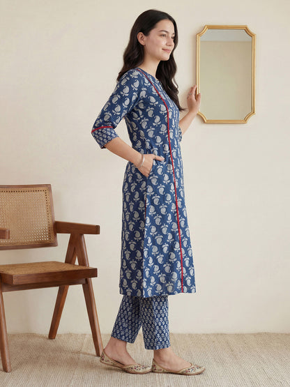 Women Paisley Printed Panelled Mirror Work Pure Cotton Kurta with Trousers