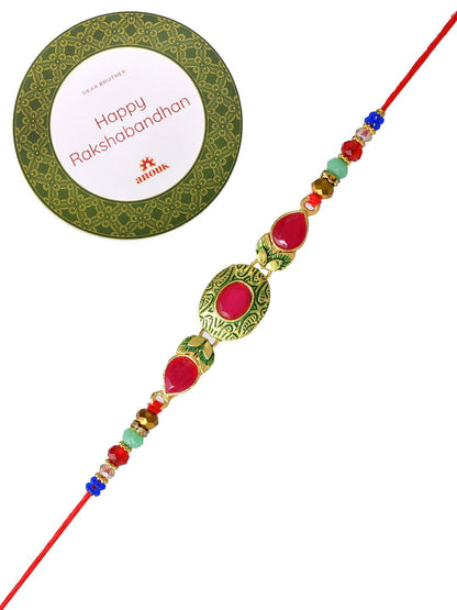 Dhiyona Gold-Toned Kundan-Studded & Beaded Rakhi With Roli Chawal & Greeting Card
