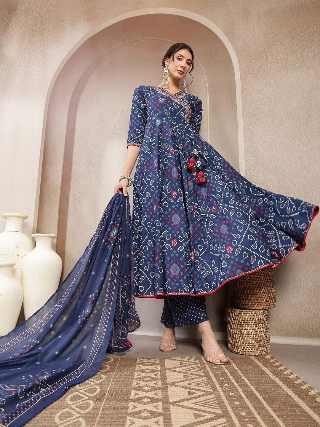 Printed Cotton V-Neck Kurta & Palazzos With Dupatta