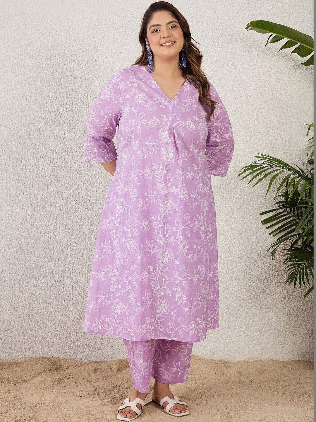 Plus Size Lavender Printed A-Line Kurta Trousers Set