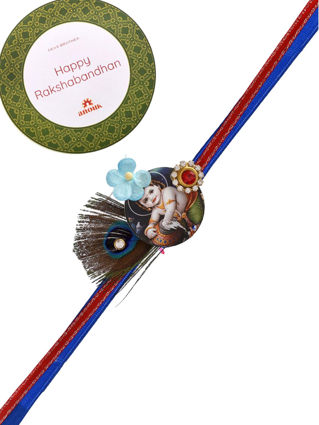 Dhiyona Blue Mor Pankh & Bal Gopal Beaded Rakhi With Roli Chawal & Greeting Card