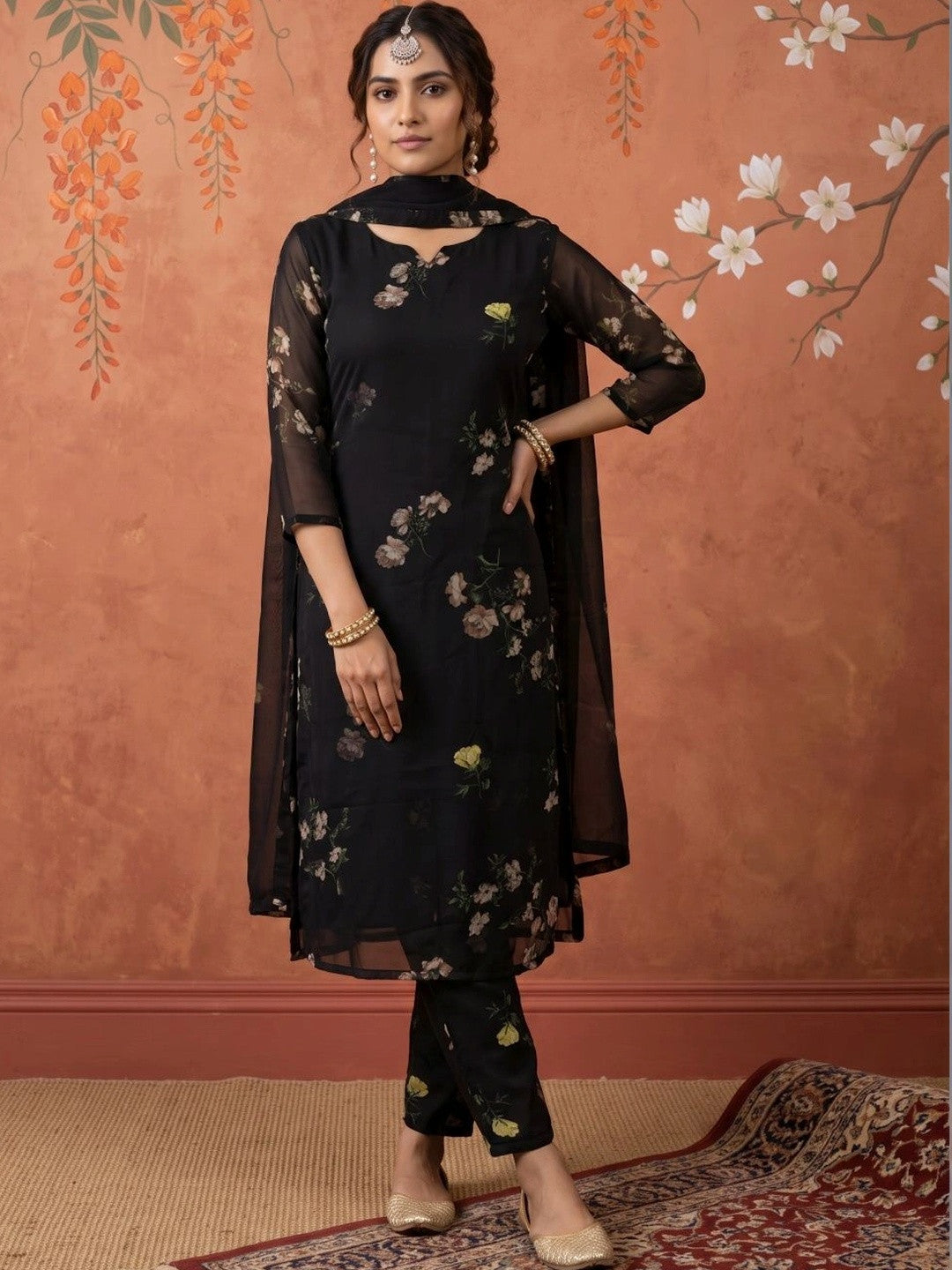 Women Floral Printed Regular Kurta with Trousers & With Dupatta