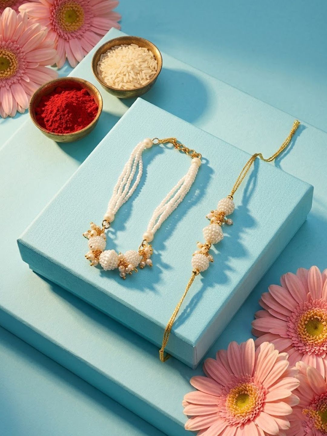 Dhiyona Set Of 2 Gold Toned & White Pearls Bhaiya Bhabhi Rakhi