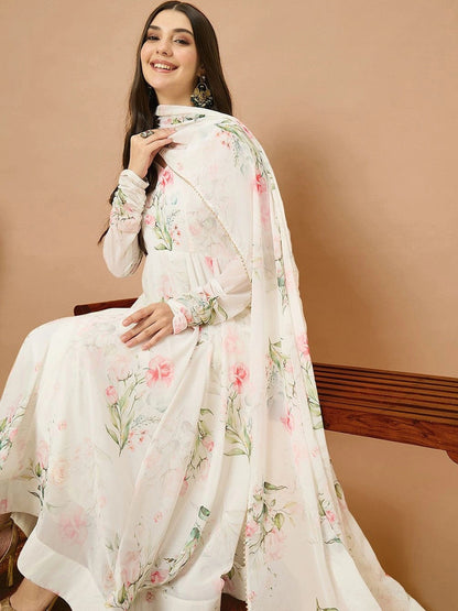 Women Floral Printed Anarkali Kurta & Trousers With Dupatta