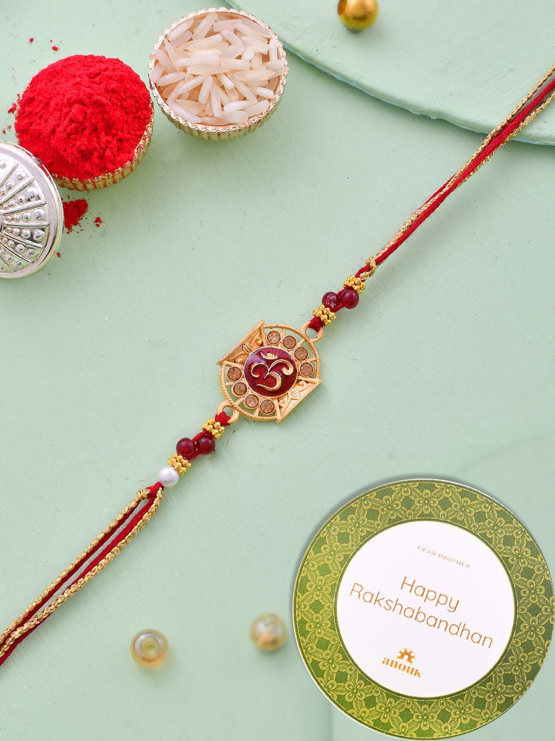 Dhiyona Red Stone-Studded & Beaded Thread Rakhi