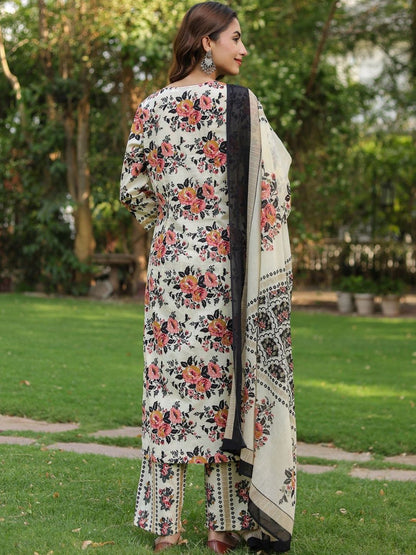 Dhiyona RR Women's Floral Printed Regular Pure Cotton Kurta with Trousers & With Dupatta