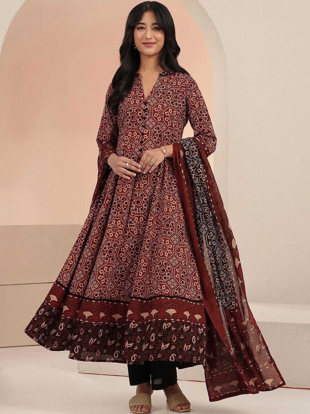 Rust Ajrakh Printed Cotton Anarkali Suit Set